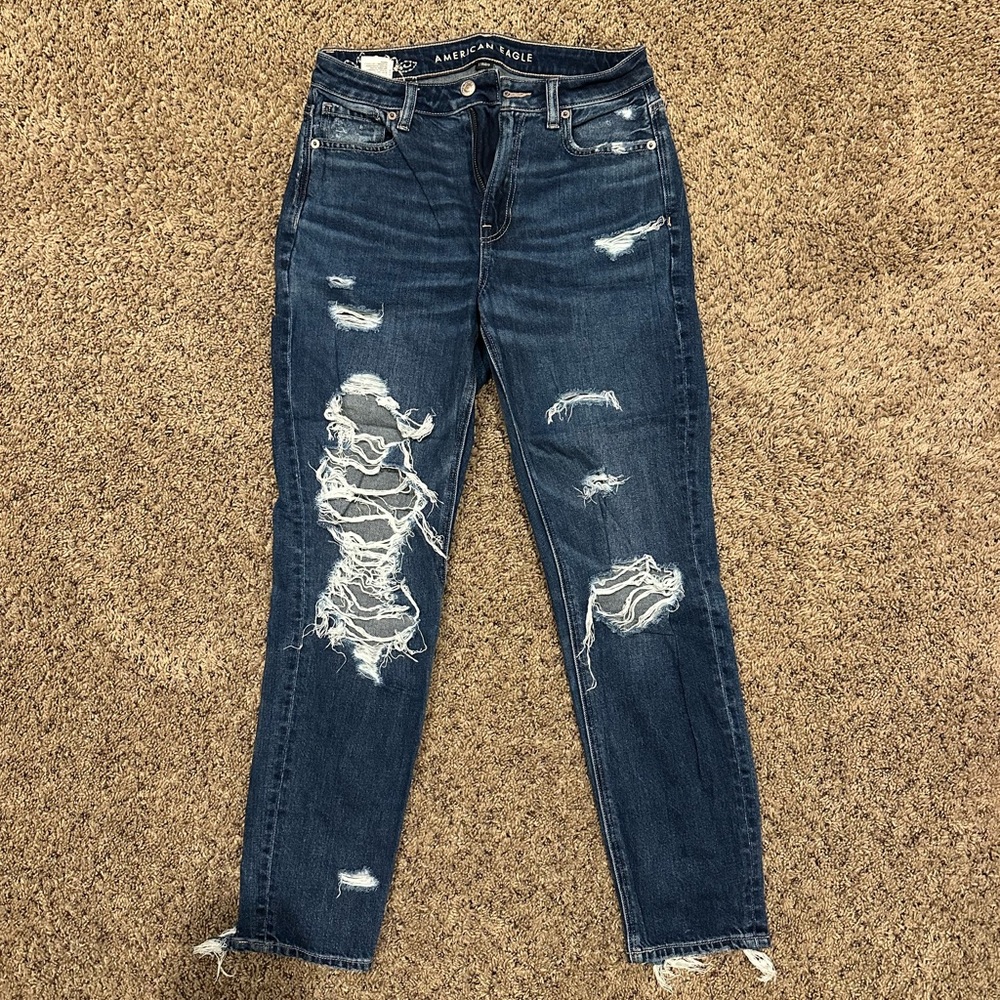 American Eagle Outfitters Women's Dark Blue Distressed Jeans